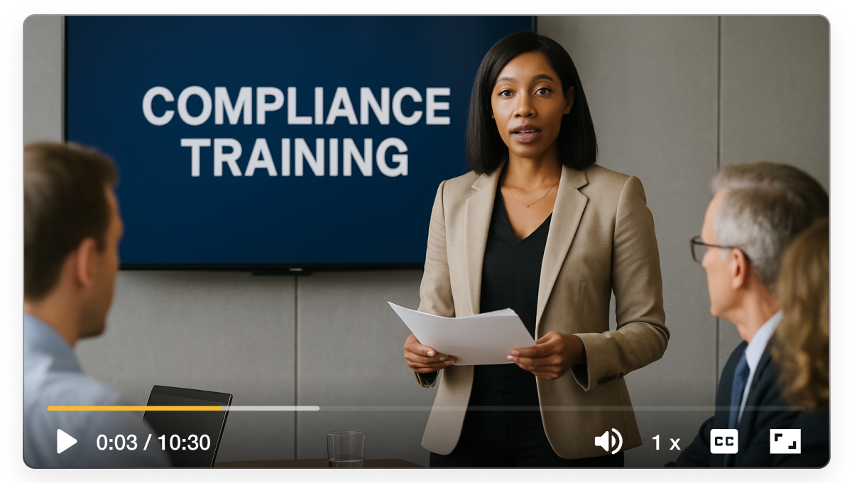 Compliance training video created in Visla showing a presenter explaining workplace policies in an engaging way